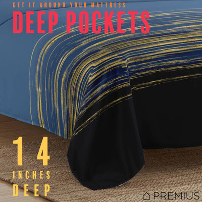 26 of 28:PREMIUS Leo Soft Wrinkle-Free Microfiber Sheet Set, Navy-Gold 