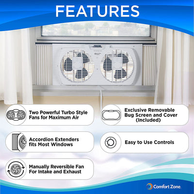 2 of 9:Ventilateur de fenêtre double Comfort Zone avec flux d'air réversible, pale de 7 pouces, blanc 