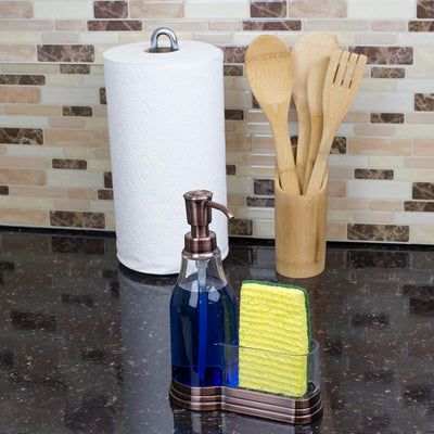 8 of 12:Home Basics Dispensador de jabón de plástico con tapa de acero cepillado y soporte fijo para esponja, bronce 