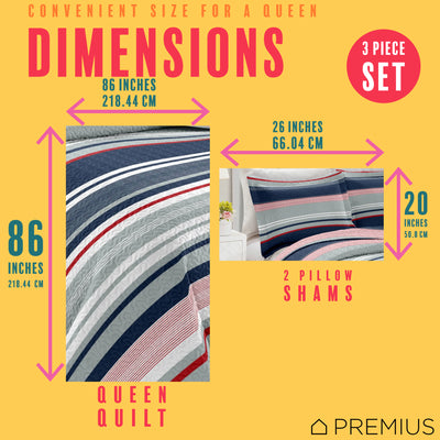 9 of 10:PREMIUS Mateo 3 Piece Microfiber Wrinkle-Free Quilt Set, Blue-Multi-Striped 