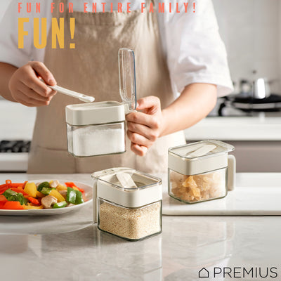8 of 8:PREMIUS Stacking Glass Seasoning Spice Jar with No-Touch Spoon and Lid, White, 10.58 Ounces 