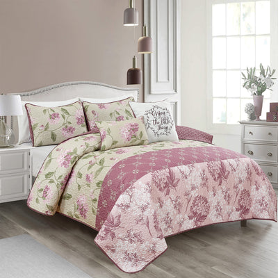 2 of 2:Hydrangea Floral Oversized 5 Piece Reversible Wrinkle-Free Quilt Set 