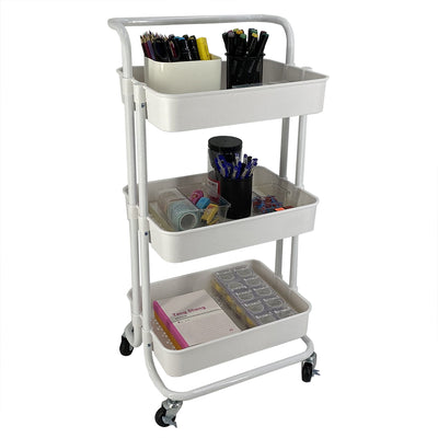 2 of 3:Home Basics Carro utilitario con ruedas de acero de 3 niveles con 2 ruedas de bloqueo, color blanco 