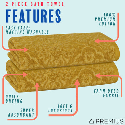 4 of 24:PREMIUS 2 Pack Damask 100% Cotton Yarn Dyed Bath Towel, 27x54 Inches 