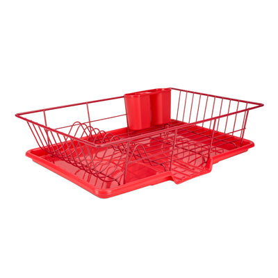 2 of 6:Home Basics 3 Piece Rust-Resistant Vinyl Dish Drainer with Self-Draining Drip Tray, Red 