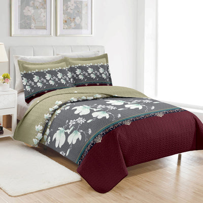 6 of 10:PREMIUS Scarlett 3 Piece Microfiber Wrinkle-Free Quilt Set, Brick-Gray-Beige 