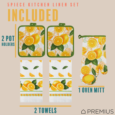 11 of 61:PREMIUS 5 Piece Printed Kitchen Linen Set, 2 Cotton Towels, 2 Pot Holders, 1 Oven Mitt 