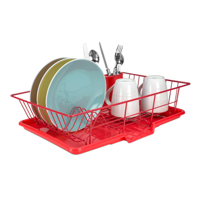 3 of 6:Home Basics 3 Piece Rust-Resistant Vinyl Dish Drainer with Self-Draining Drip Tray, Red 