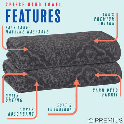 17 of 23:PREMIUS 2 Pack Damask 100% Cotton Yarn Dyed Hand Towel, 16x28 Inches 