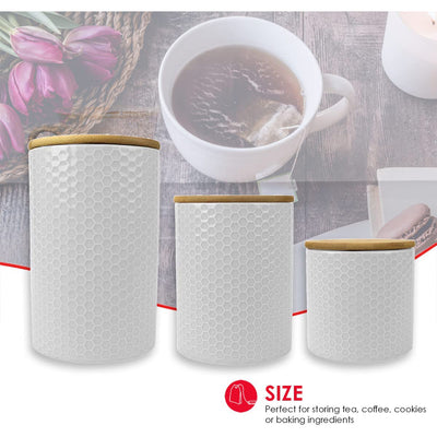 4 of 7:Home Basics 3 Piece Ceramic Canister Set with Bamboo Lids, Honeycomb White 