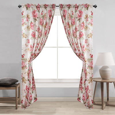15 of 16:Teagan Floral Printed Crushed Satin Rod Pocket Window Panel and Waterfall Valance Treatments 