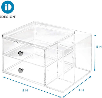 6 of 6:iDesign Plastic Vanity 2 Drawer Organizer with Side Caddy, 6.5x6.5x6.5 Inches, Clear 