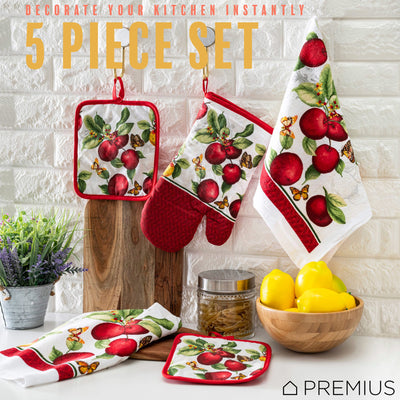 59 of 61:PREMIUS 5 Piece Printed Kitchen Linen Set, 2 Cotton Towels, 2 Pot Holders, 1 Oven Mitt 