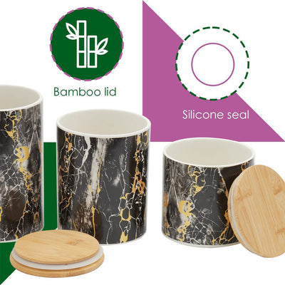 5 of 6:Home Basics 3 Piece Ceramic Canister Set with Bamboo Lids, Marble Black 