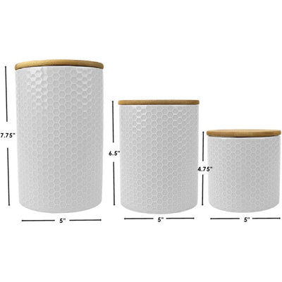 7 of 7:Home Basics 3 Piece Ceramic Canister Set with Bamboo Lids, Honeycomb White 