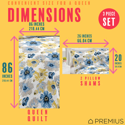 8 of 9:Ensemble de courtepointe infroissable en microfibre PREMIUS Eliana, 3 pièces, bleu-jaune 