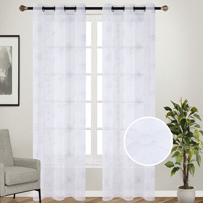 1 of 5:Ensemble de 2 panneaux de fenêtre transparents à œillets brodés floraux Lorette, 38 x 95 pouces chacun 