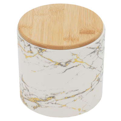 1 of 3:Petit pot en céramique effet marbre Home Basics avec couvercle en bambou, blanc 