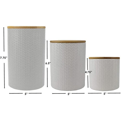 7 of 7:Home Basics 3 Piece Ceramic Canister Set with Bamboo Lids, Wave White 