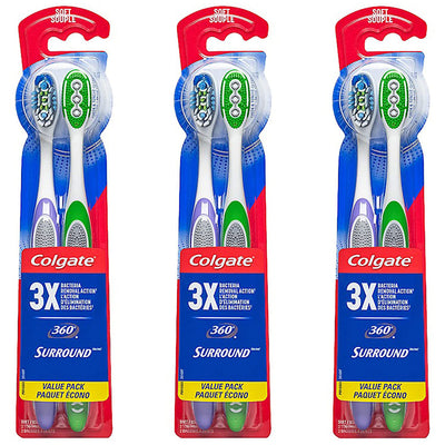 1 of 9:Brosses à dents manuelles Colgate 360 Surround avec nettoyeur de langue et de joues, lot de 6 (lot de 3) 