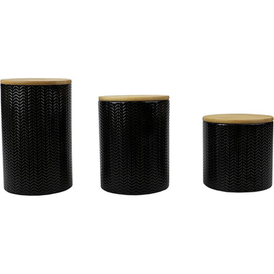 9 of 9:Home Basics 3 Piece Ceramic Canister Set with Bamboo Lids, Wave Black 