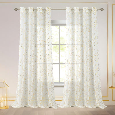 1 of 7:Abira Metallic Leaf Sheer Grommet Window Curtain Panel, 55x84 Inches 