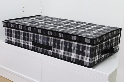 4 of 4:Coffre de rangement sous le lit Home Basics Plaid non tissé avec fenêtre d'étiquetage, noir 