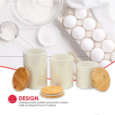 3 of 7:Ensemble de 3 boîtes en céramique Home Basics Cubix avec couvercle en bambou, blanc 