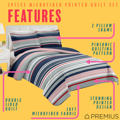 7 of 10:PREMIUS Mateo 3 Piece Microfiber Wrinkle-Free Quilt Set, Blue-Multi-Striped 
