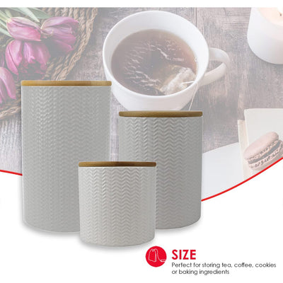5 of 7:Home Basics 3 Piece Ceramic Canister Set with Bamboo Lids, Wave White 