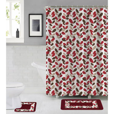 1 of 1:Crystal 15 Piece Vine Bathroom Mats and Shower Curtain Set, Burgundy 