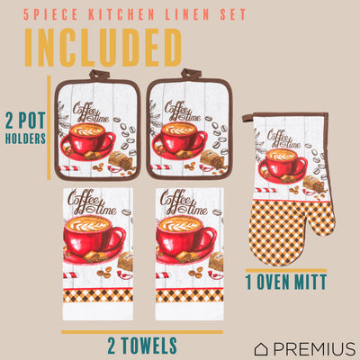 43 of 61:PREMIUS 5 Piece Printed Kitchen Linen Set, 2 Cotton Towels, 2 Pot Holders, 1 Oven Mitt 