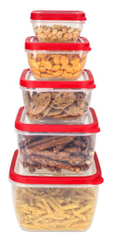 1 of 3:Home Basics Contenedor cuadrado de plástico para almacenamiento de alimentos, a prueba de derrames, con tapas ventiladas y a presión, 5 piezas, color rojo 
