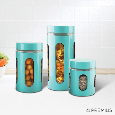 2 of 4:Ensemble de 3 boîtes hermétiques en verre pour la cuisine, bleu turquoise 