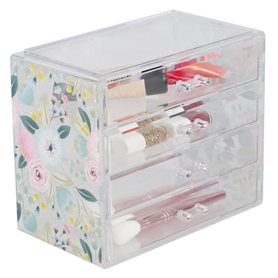 1 of 4:Organiseur de cosmétiques en plastique à 4 tiroirs Home Basics Floral, transparent 
