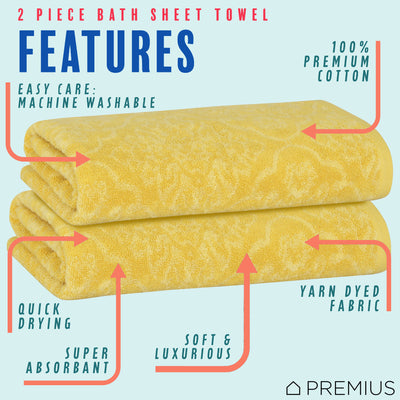 12 of 24:PREMIUS 2 Pack Damask 100% Cotton Yarn Dyed Bath Sheet Towel, 32x64 Inches 