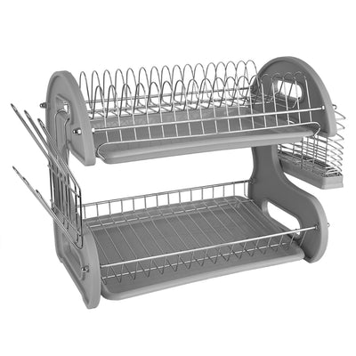 3 of 6:Home Basics 2-Tier Plastic Dish Drainer, Grey, 22x11x13.5 Inches 