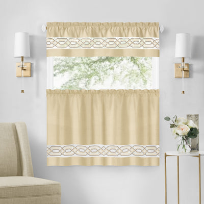 9 of 40:Paige Embroidered Kitchen Curtain and Valance Set, Tiers 55x36, Valance 55x13 Inches 