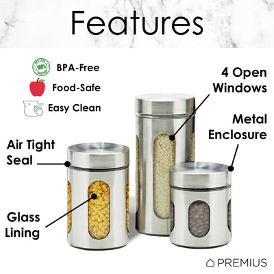 3 of 4:Premius Airtight 3-Piece Kitchen Glass Canister Set, Stainless Steel Silver 