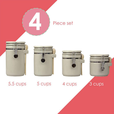 3 of 7:Home Basics 4 Piece Ceramic Canisters with Air-Tight Clamp Lid and Wooden Spoons, Beige 