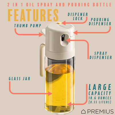 2 of 8:PREMIUS 2-In-1 Glass Oil Dispenser with Sprayer Bottle, White, 18.6 Ounces 