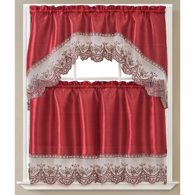 6 of 8:Ensemble de rideaux de cuisine Remi 3 pièces avec broderies à paillettes et cantonnière à volants, 76 x 91 cm 