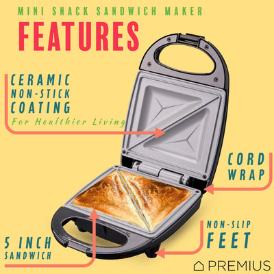 9 of 18:PREMIUS Ceramic Non-Stick Mini Snack Sandwich Maker, 5x4.4 Inch Mold 