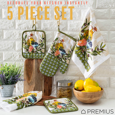 47 of 61:PREMIUS 5 Piece Printed Kitchen Linen Set, 2 Cotton Towels, 2 Pot Holders, 1 Oven Mitt 