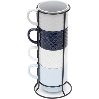 1 of 5:Home Basics Juego de tazas apilables de 4 piezas con soporte, diseño de tejido en relieve 