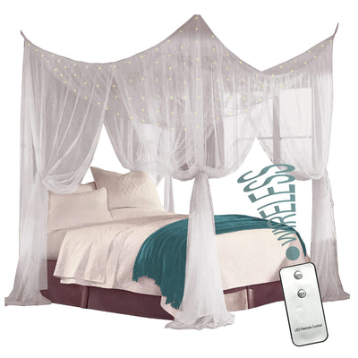 1 of 7:Just Relax Juego de dosel para cama con poste de cuatro esquinas con luces LED y control remoto, blanco, Full-Queen-King 