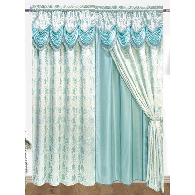 1 of 1:Panneau à passe-tringle Devika Jacquard avec cantonnière et support, bleu sarcelle et or, 54 x 84 pouces 