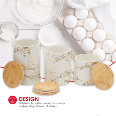 4 of 5:Home Basics 3 Piece Ceramic Canister Set with Bamboo Lids, Marble White 