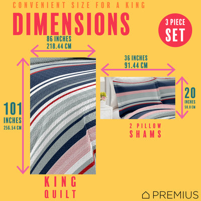 4 of 10:PREMIUS Mateo 3 Piece Microfiber Wrinkle-Free Quilt Set, Blue-Multi-Striped 