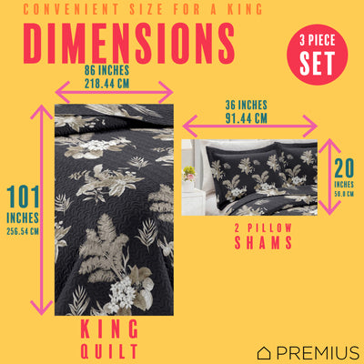 4 of 10:PREMIUS Mia 3 Piece Microfiber Wrinkle-Free Quilt Set, Black-Taupe 
